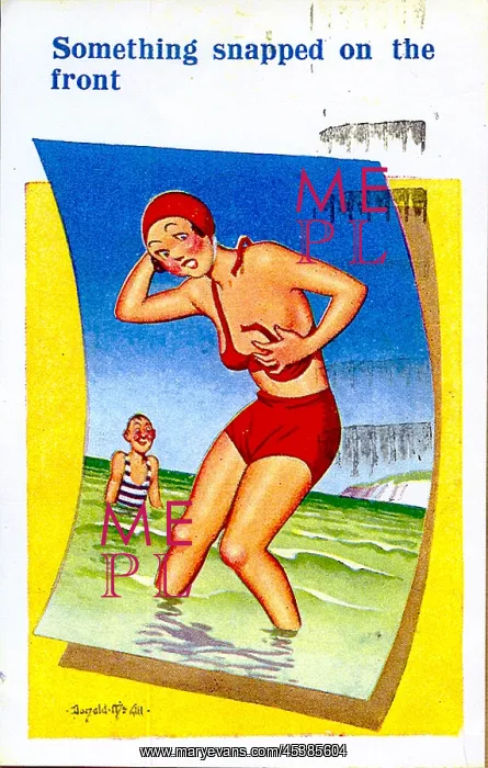 : Comic postcard, Woman in red bikini at the seaside : Comic postcard, Woman in red bikini at the seaside