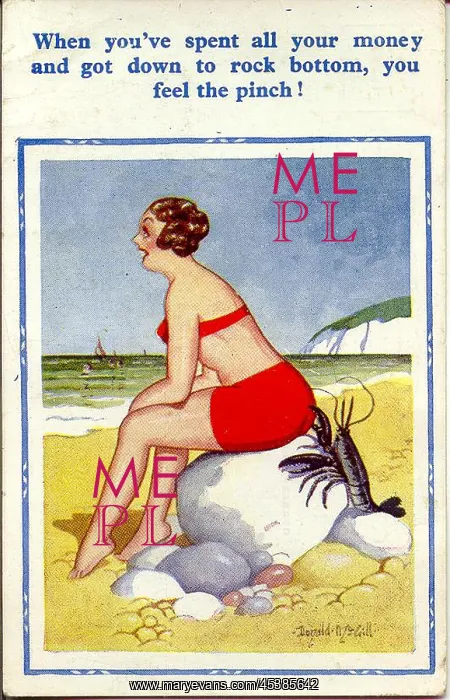 : Comic postcard, Woman in red bikini at the seaside : Comic postcard, Woman in red bikini at the seaside