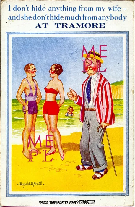 : Comic postcard, Woman in red bikini at the seaside