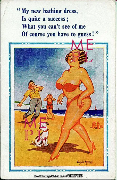 : Comic postcard, Woman in red bikini at the seaside : Comic postcard, Woman in red bikini at the seaside