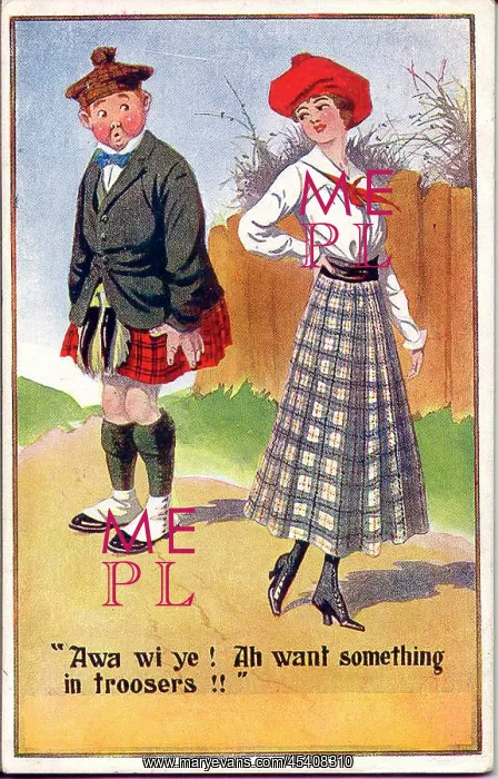 : Comic postcard, Woman rejects Scotsman : Comic postcard, Woman rejects Scotsman