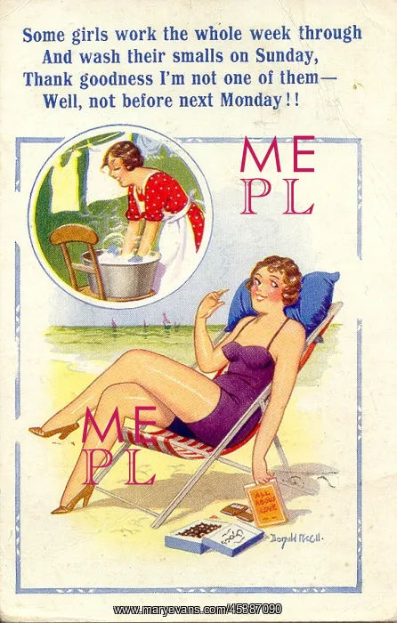 : Comic postcard, Woman relaxing on the beach : Comic postcard, Woman relaxing on the beach