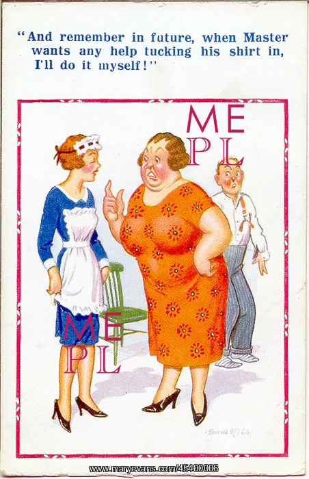 : Comic postcard, Woman reprimands servant : Comic postcard, Woman reprimands servant