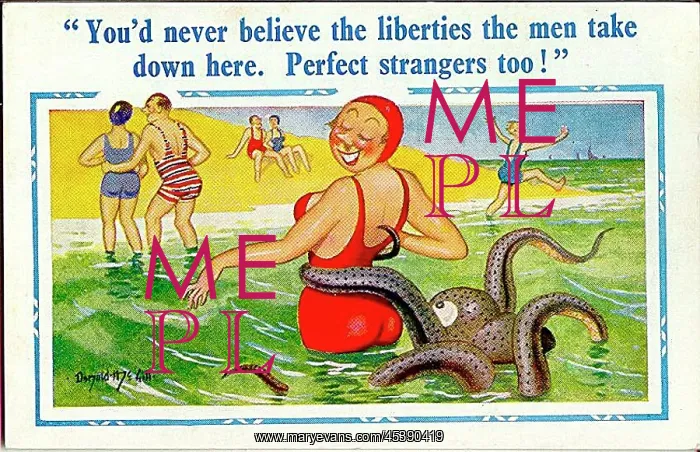 : Comic postcard, Woman in the sea with an octopus : Comic postcard, Woman in the sea with an octopus