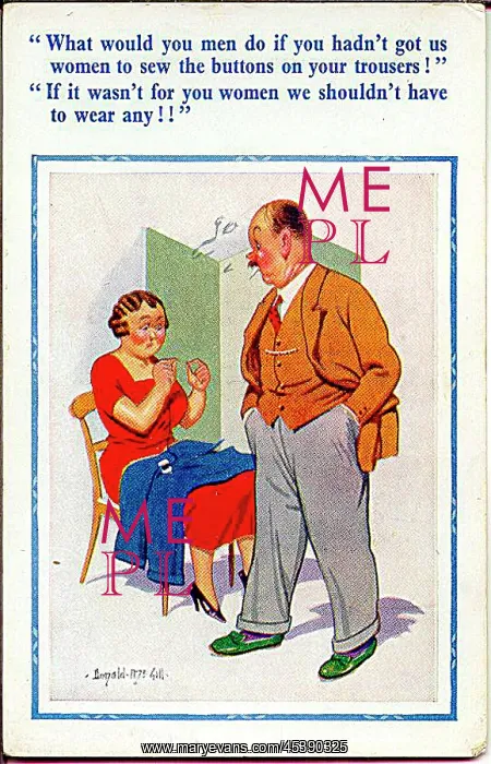 : Comic postcard, Woman sewing trousers : Comic postcard, Woman sewing trousers