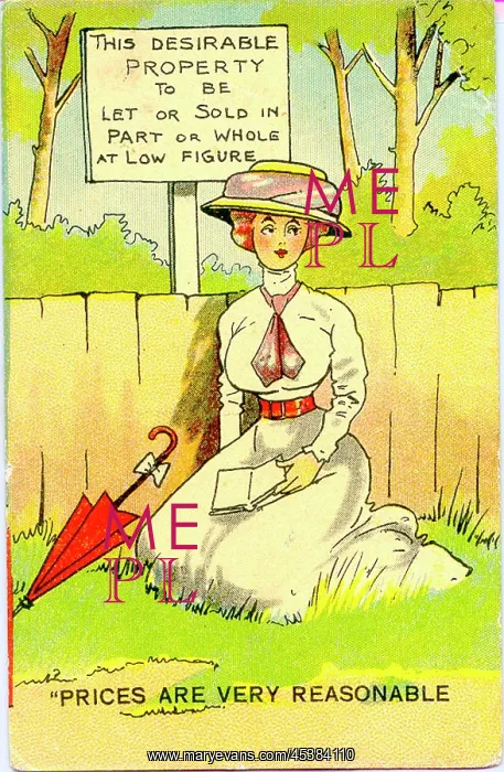 : Comic postcard, Woman sitting in a park : Comic postcard, Woman sitting in a park
