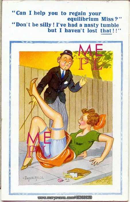 : Comic postcard, Woman slips on pavement : Comic postcard, Woman slips on pavement