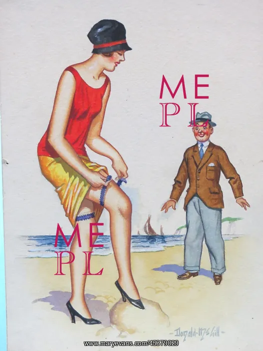  : Comic postcard, Woman tying garter on the beach