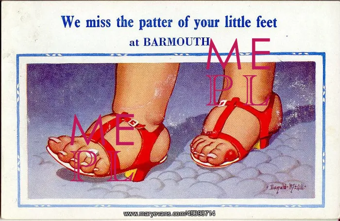 : Comic postcard, Woman's plump feet in sandals : Comic postcard, Woman's plump feet in sandals
