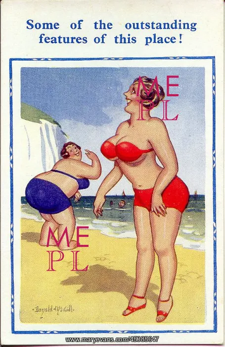 : Comic postcard, Two women in bikinis at the seaside : Comic postcard, Two women in bikinis at the seaside