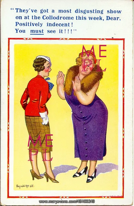 : Comic postcard, Women chatting about a show : Comic postcard, Women chatting about a show