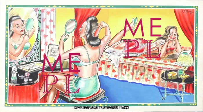 : Comic postcard, Two women chatting in a bedroom : Comic postcard, Two women chatting in a bedroom