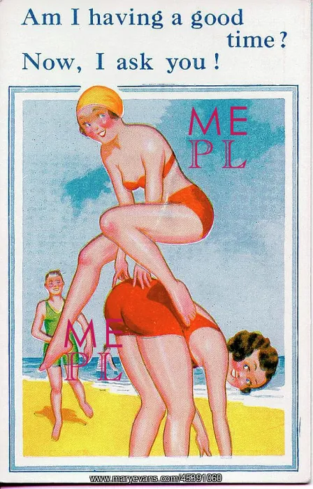 : Comic postcard, Two women leapfrogging on the beach : Comic postcard, Two women leapfrogging on the beach