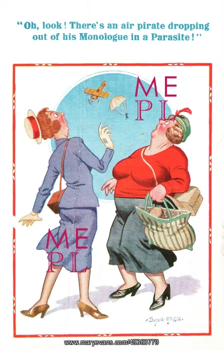 : Comic postcard, two women see a parachute, WW2 : Comic postcard, two women see a parachute, WW2