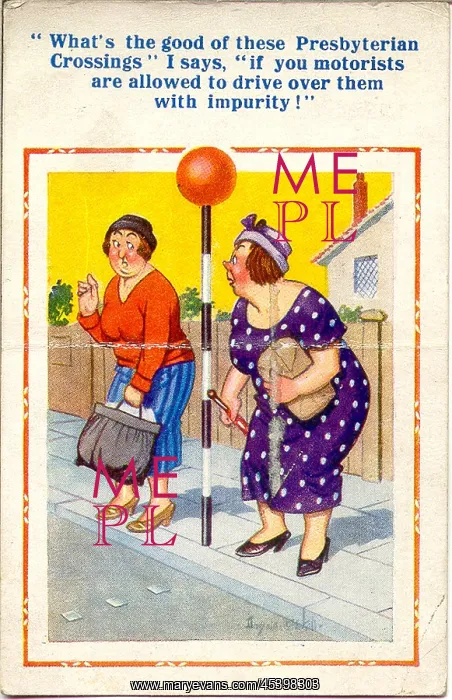 : Comic postcard, Women at pedestrian crossing : Comic postcard, Women at pedestrian crossing