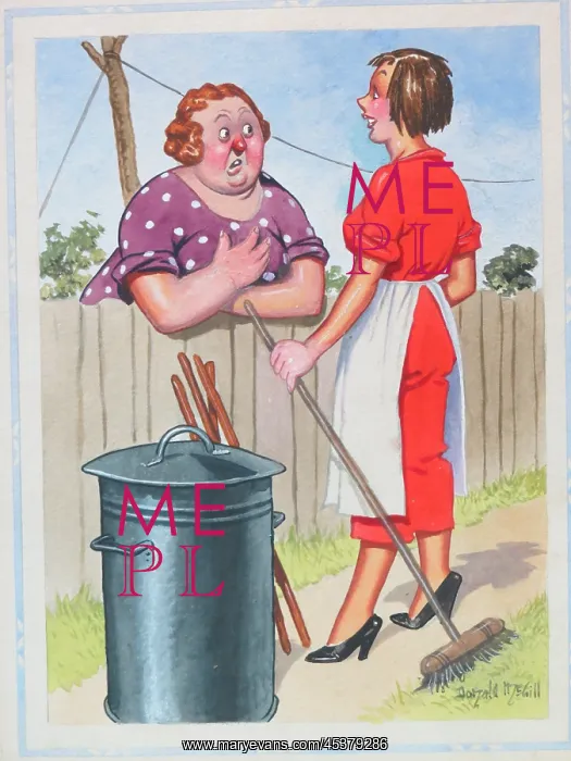 : Comic postcard, Two women talking over fence : Comic postcard, Two women talking over fence