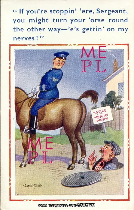 : Comic postcard, Workman nervous about horse : Comic postcard, Workman nervous about horse