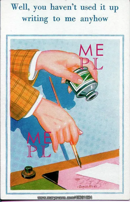 : Comic postcard, Writing materials, ink, pen and blotter : Comic postcard, Writing materials, ink, pen and blotter