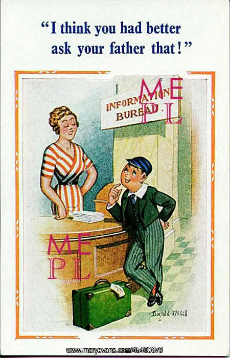 : Comic postcard, Young boy at Information Bureau : Comic postcard, Young boy at Information Bureau