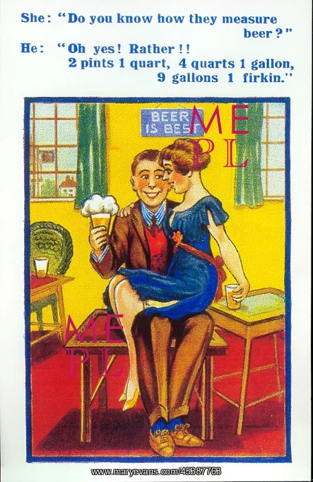 : Comic postcard, Young couple in a pub : Comic postcard, Young couple in a pub