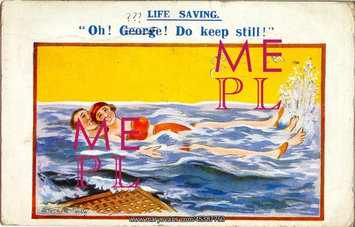 : Comic postcard, Young couple in the sea - Life Saving : Comic postcard, Young couple in the sea - Life Saving