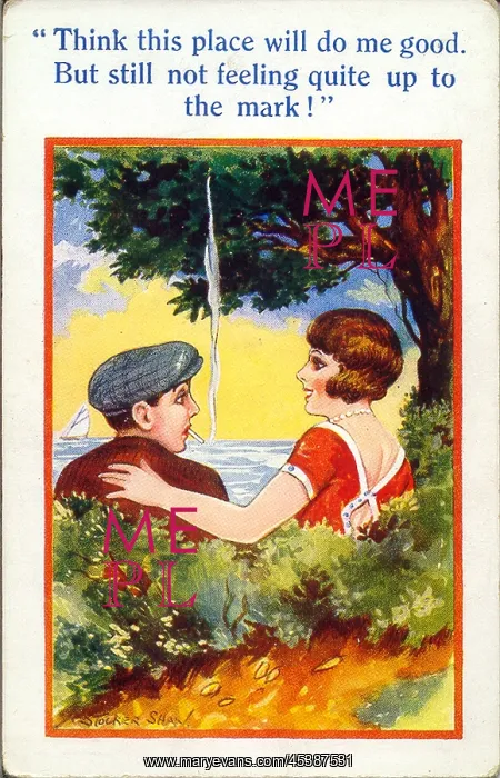 : Comic postcard, Young couple at the seaside : Comic postcard, Young couple at the seaside
