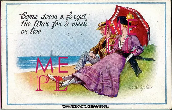 : Comic postcard, Young couple at the seaside, WW1 : Comic postcard, Young couple at the seaside, WW1