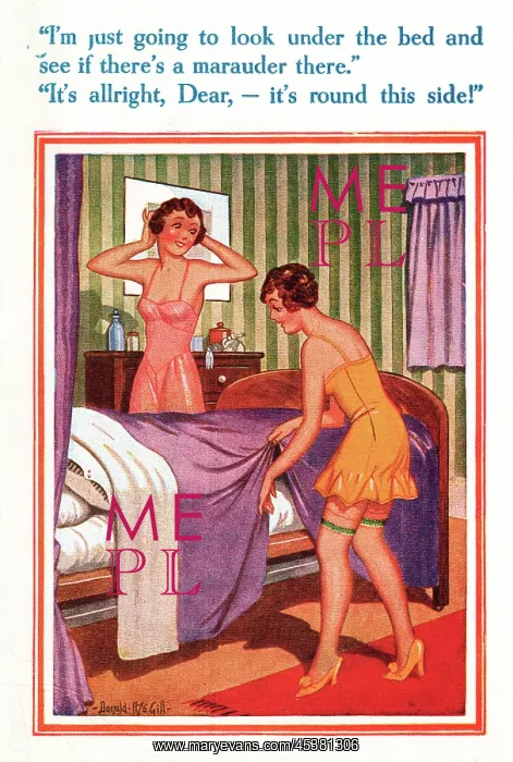 : Comic postcard, Two young women in bedroom : Comic postcard, Two young women in bedroom