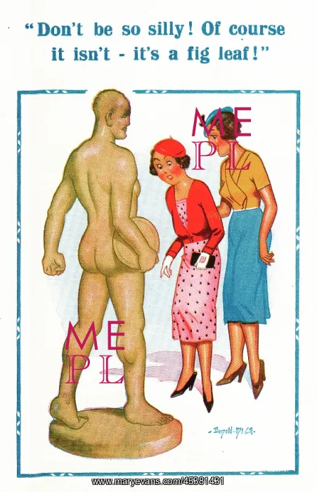 : Comic postcard, Two young women look at statue : Comic postcard, Two young women look at statue