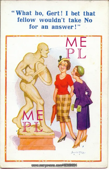 : Comic postcard, Two young women look at statue : Comic postcard, Two young women look at statue