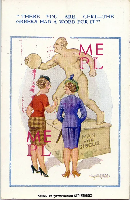 : Comic postcard, Two young women look at a statue : Comic postcard, Two young women look at a statue