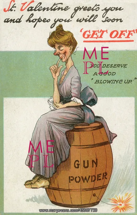 : Comic Valentine's Postcard - Old Maid about to be blown up : Comic Valentine's Postcard - Old Maid about to be blown up