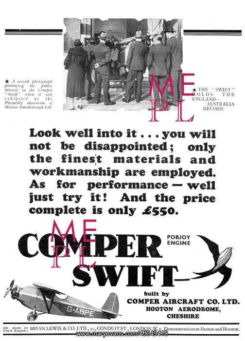 : Comper Swift G-ABPE 1932 Advert : Comper Swift G-ABPE 1932 Advert