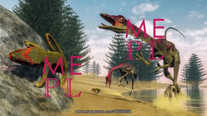 : Compsognathus dinosaur hunting a gecko in a lagoon : Compsognathus dinosaur hunting a gecko in a lagoon