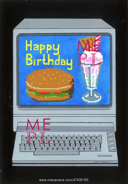 : Computer with a hamburger on its screen : Computer with a hamburger on its screen