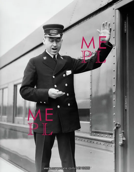 : Conductor making final boarding call outside : Conductor making final boarding call outside