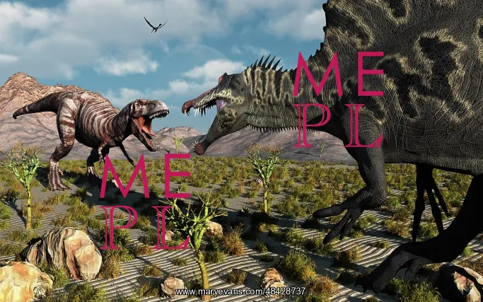 : A confrontation between a T Rex and a Spinosaurus dinosaur : A confrontation between a T Rex and a Spinosaurus dinosaur