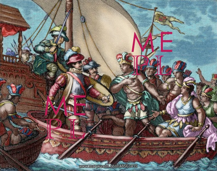 : Conquest of Mexico. Capture of Cuauhtemoc. Colored engraving : Conquest of Mexico. Capture of Cuauhtemoc. Colored engraving