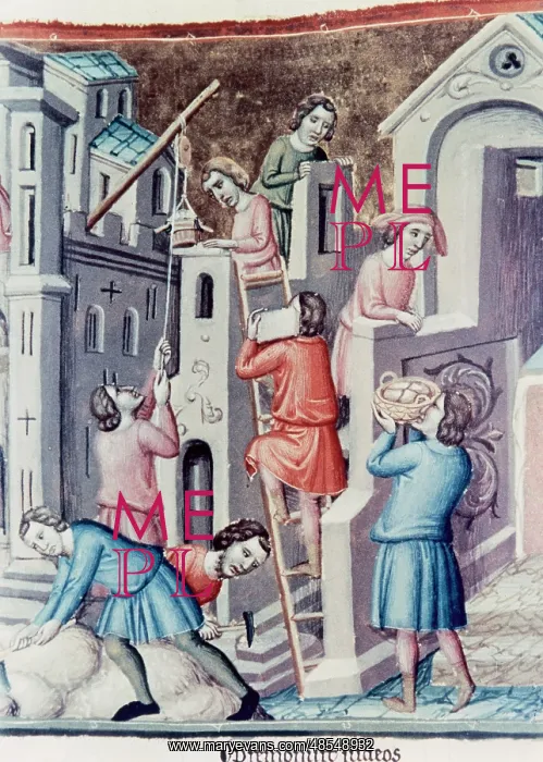 : Construction of a castle in a medieval village. England : Construction of a castle in a medieval village. England