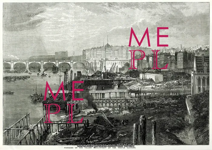 : Construction of the Thames Embankment, London, 1865 : Construction of the Thames Embankment, London, 1865