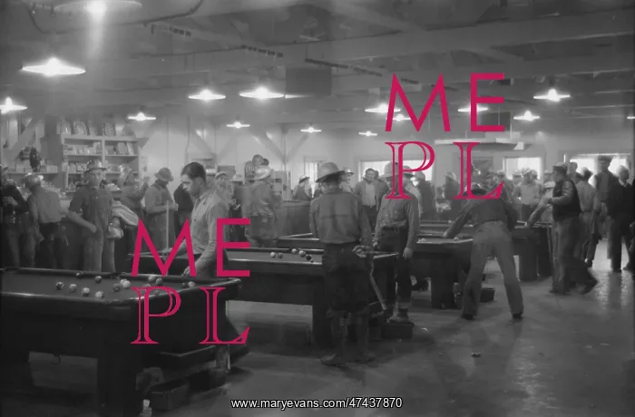 : Construction workers playing pool in company commissary, Sha : Construction workers playing pool in company commissary, Sha