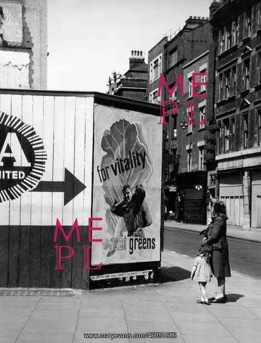 : Contemplating a nutritional advice poster in London, 1940s : Contemplating a nutritional advice poster in London, 1940s