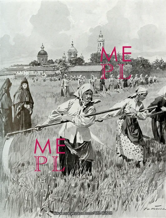 : A convent in Novgorod: Nuns making hay : A convent in Novgorod: Nuns making hay