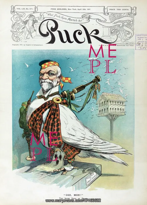 : Coo, mon!. Illustration shows Andrew Carnegie as a Scottish dove with a bagpipe : Coo, mon!. Illustration shows Andrew Carnegie as a Scottish dove with a bagpipe