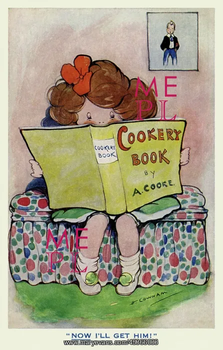  : Cookery. Small girl reading a cookery book. Artist Hilda Cowham