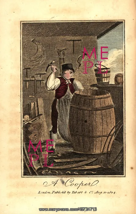 : Cooper hammering a metal hoop on a hogshead barrel : Cooper hammering a metal hoop on a hogshead barrel