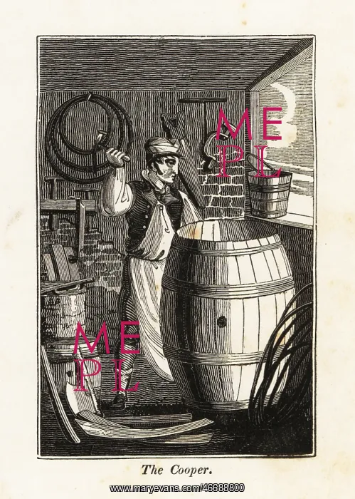 : Cooper working on a barrel in a workshop : Cooper working on a barrel in a workshop