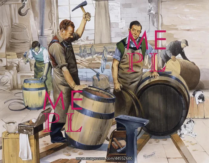 : Coopers at work making wooden barrels : Coopers at work making wooden barrels