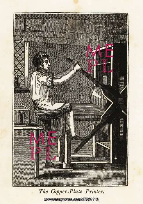 : Copperplate printer pulling on a press in a printshop : Copperplate printer pulling on a press in a printshop