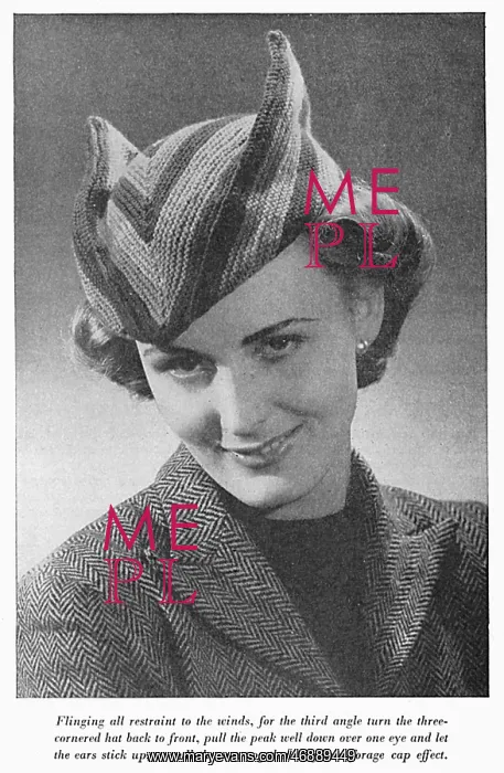 : Three cornered knitted hat, circa 1941 : Three cornered knitted hat, circa 1941